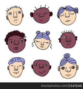 Hand drawn flat set of isolated people faces. Perfect for T-shirt, poster and print. Doodle vector illustration for decor and design.