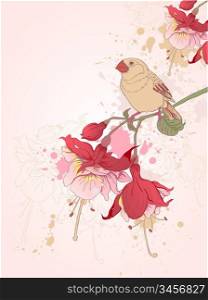 hand drawn floral background with bird