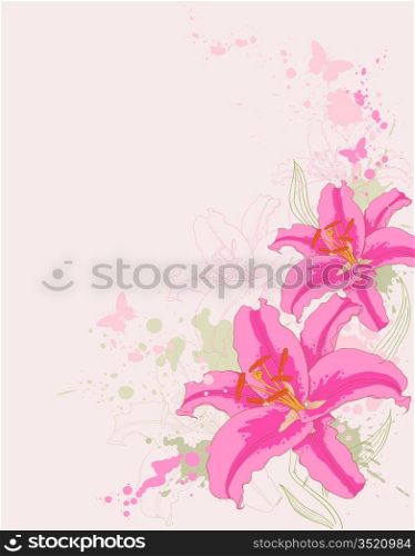 hand drawn floral background with pink lily