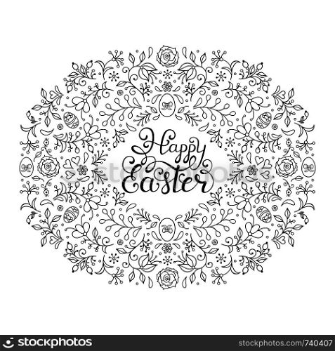 Hand drawn floral frame with flowers,hearts and other elements. Easter card.Coloring page for children and adult. Vector illustration.. Floral easter card