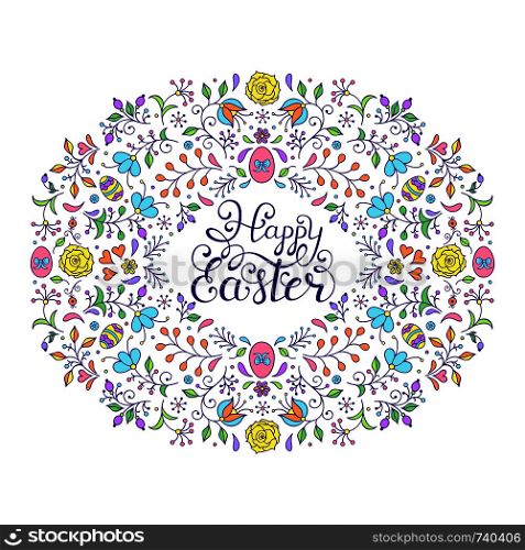 Hand drawn floral frame with flowers,hearts and other elements. Easter card.Vector illustration.. Floral easter card