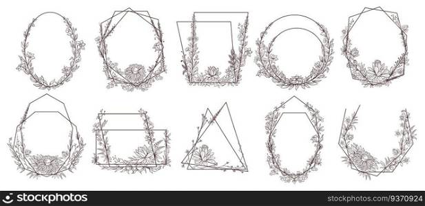 Hand drawn floral geometric frames. Flower, leaves and branches wreath frame to decorate wedding invitation. Flowers on borders, ink decor leaf doodle logotype. Isolated vector icons set. Hand drawn floral geometric frames. Flower, leaves and branches wreath frame to decorate wedding invitation. Flowers on borders vector set