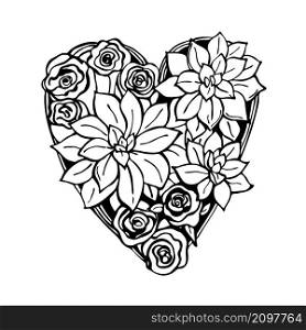 Hand drawn floral heart with roses and succulents. Vector sketch illustration.. Hand drawn floral heart . Vector illustration.