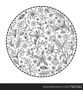 Hand drawn floral pattern on white background. Coloring page for children and adult. Vector illustration.. Hand drawn floral pattern