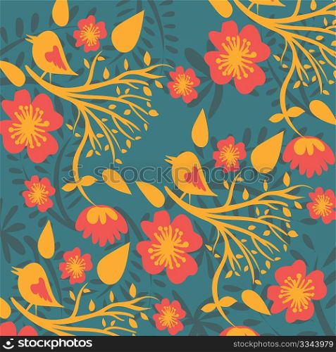 hand-drawn floral pattern with birds