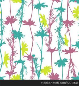 Hand drawn floral seamless pastel pattern with camomile silhouettes isolated on white. Cute graphic flower background. Summer concept. Design element for textile, fabrics, scrapbooking, wallpaper and etc. Vector illustration.. Floral seamless pastel pattern with camomile silhouettes.