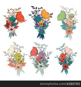 Hand drawn flower bouquets, for wedding invitations and birthday cards, vector illustration