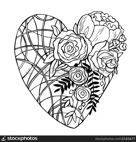 Hand drawn flower heart. Vector sketch illustration.. Hand drawn flower heart.