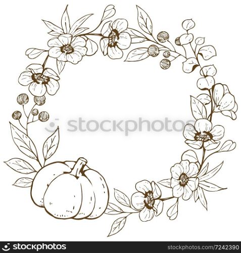 Hand drawn flower, leaf and pumpkin autumn garland circle doodle, outline, isolated on white background, vector illustration.