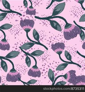 Hand drawn flower seamless pattern. Naive art style. Cute botanical plants endless backdrop. Decorative floral wallpaper. Design for fabric, textile print, wrapping paper, cover. Vector illustration. Hand drawn flower seamless pattern. Naive art style. Cute botanical plants endless backdrop. Decorative floral wallpaper.