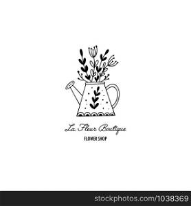 Hand drawn flower shop logo in doodle style. Vector illustration. Hand drawn flower shop logo in doodle style