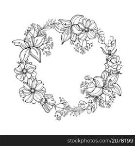 Hand drawn flower wreath. Vector sketch illustration.. Flower wreath. Vector illustration.