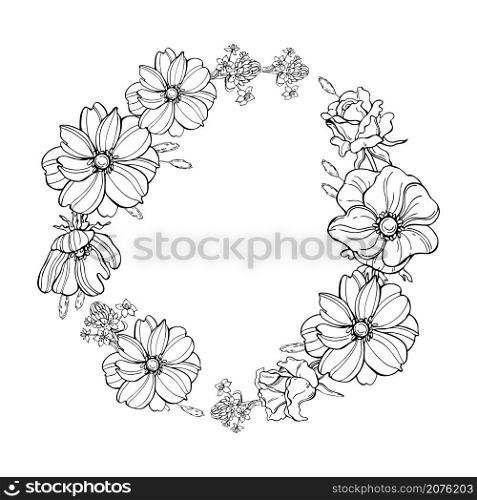 Hand drawn flower wreath. Vector sketch illustration.. Flower wreath. Vector illustration.