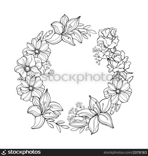 Hand drawn flower wreath. Vector sketch illustration.. Flower wreath. Vector sketch illustration.