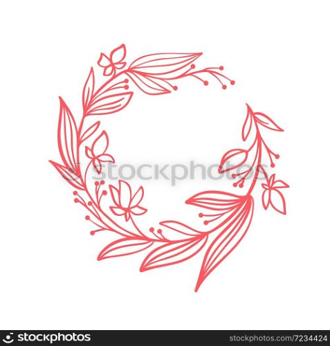 Hand drawn flower wreath with branches. Vector floral design spring frame element for invitations, greeting cards, scrapbooking, posters with place for text. Vintage decor.. Hand drawn flower wreath with branches. Vector floral design spring frame element for invitations, greeting cards, scrapbooking, posters with place for text. Vintage decor