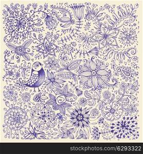 Hand drawn flowers and birds. Card drawn by pen on paper. Vector illustration.
