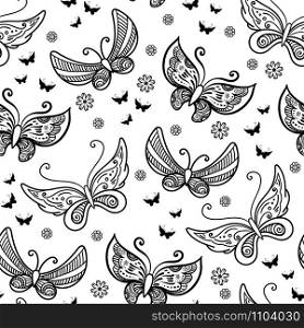 Hand drawn flowers and butterfly seamless pattern. Black and white vector illustration in doodles style. Isolated on white background. Coloring book page.. Hand drawn flowers and butterfly background