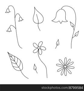 Hand drawn flowers and leaves, vector. Flowers and leaves in black on a white background, contours, doodle.