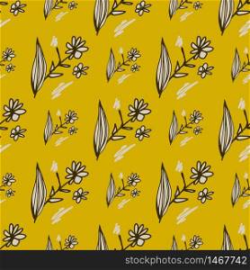 Hand drawn flowers bouquet seamless pattern on yellow background. Floral endless wallpaper in sketch style. Decorative backdrop for fabric design, textile print, wrapping paper, Vector illustration. Hand drawn flowers bouquet seamless pattern on yellow background. Floral endless wallpaper in sketch style.