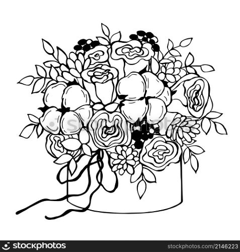 Hand drawn flowers in box.Vector sketch illustration.