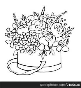 Hand drawn flowers in box.Vector sketch illustration.. Flowers in box.Vector illustration.