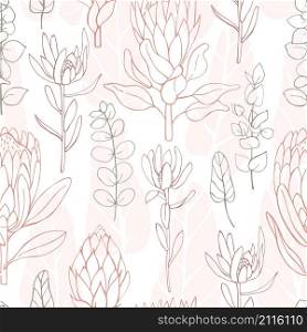 Hand-drawn flowers protea and eucalyptus. Vector seamless pattern. Hand-drawn flowers protea and eucalyptus.