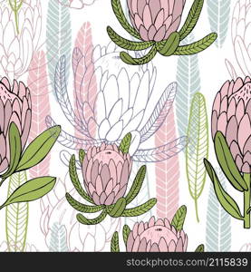 Hand-drawn flowers protea. Vector seamless pattern