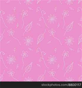 Hand drawn flowers, seamless pattern, vector. Pattern of white flowers on a pink background.