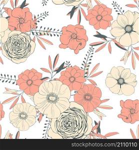 Hand drawn flowers. Vector seamless pattern. Hand drawn flowers.