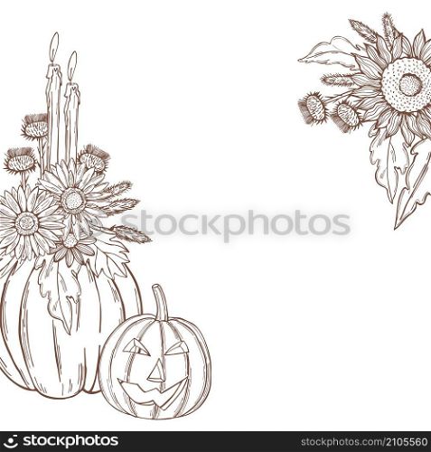 Hand drawn flowers with pumpkins for Halloween. Vector background. Vector background with autumn flowers
