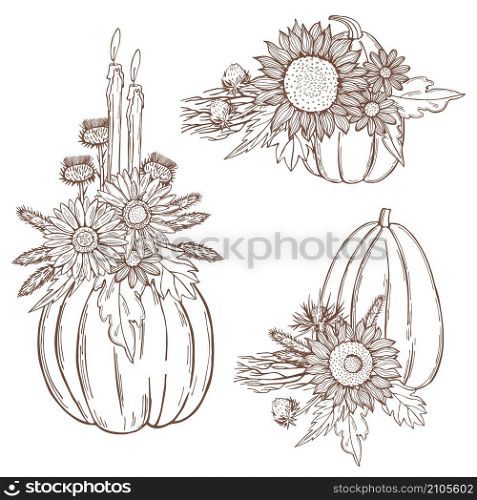 Hand drawn flowers with pumpkins for Halloween. Vector sketch illustration.. Flowers with pumpkins . Vector sketch illustration.