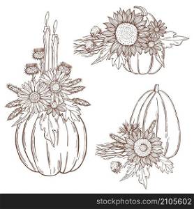 Hand drawn flowers with pumpkins for Halloween. Vector sketch illustration.. Flowers with pumpkins . Vector sketch illustration.