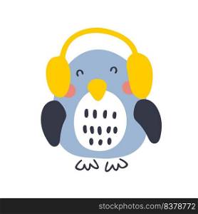 Hand drawn flying penguin in headset vector illustration. Design for T-shirt, textile and prints.