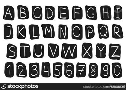 Hand drawn font. Hand drawn font. Vector alphabet with numbers.
