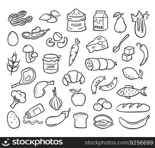 Hand drawn food products icons. Doodle grocery goods for for menu designs and food packaging. Eating vector illustration set. Vegetable and fruit, bread and meat as sausage and chicken. Hand drawn food products icons. Doodle grocery goods for for menu designs and food packaging. Eating vector illustration set