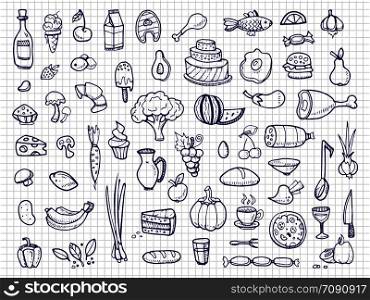 Hand drawn food, vegetables, drinks, snacks, fast food doodle vector icons. Illustration of delicious cheese and eggs, candy and pizza. Hand drawn food, vegetables, drinks, snacks, fast food doodle vector icons