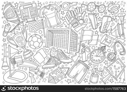 Hand drawn football, soccer doodle set vector illustration background. Football, soccer doodle set vector illustration background