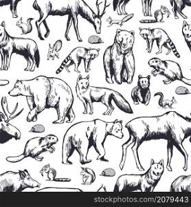 Hand drawn forest animals on white background. Vector seamless pattern.