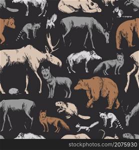 Hand drawn forest animals. Vector seamless pattern. . Forest animals. Vector pattern.
