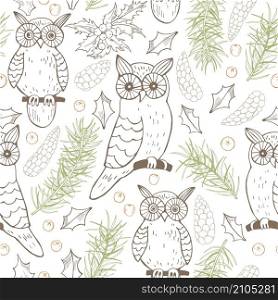 Hand drawn forest owls.Vector seamless pattern . Vector seamless pattern with owls