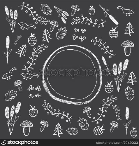Hand drawn forest pattern with mushroom, branch, leaf, berry and duck. Vector illustration