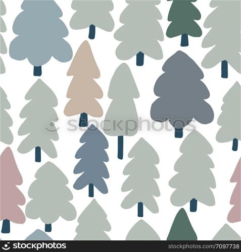 Hand drawn forest tree seamless pattern. Doodle forest landscape background. Naive art style. Design for fabric, textile print, wrapping paper, children textile. Vector illustration. Hand drawn forest tree seamless pattern. Doodle forest landscape background.