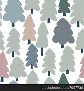 Hand drawn forest tree seamless pattern. Doodle forest landscape background. Naive art style. Design for fabric, textile print, wrapping paper, children textile. Vector illustration. Hand drawn forest tree seamless pattern. Doodle forest landscape background.