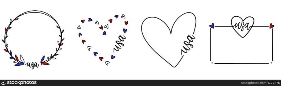 Hand drawn frame in american style. Doodle round and square shape with hearts. Independence day frames. USA style of handwritten shapes. Vector EPS 10.. Hand drawn frame in american style. Doodle round and square shape with hearts. Independence day frames. USA style of handwritten shapes. Vector EPS 10