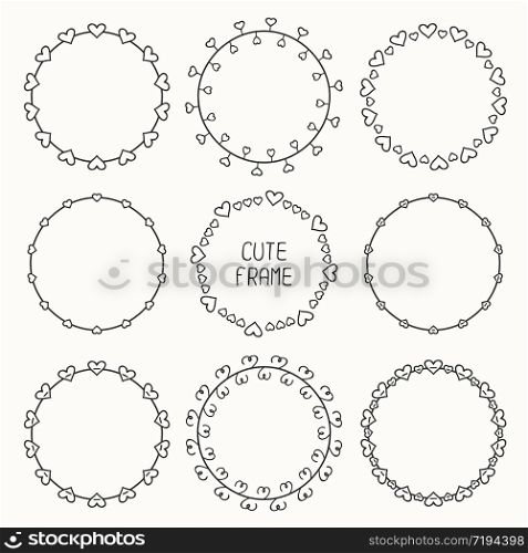 Hand drawn frame of pattern with hearts. Trendy doodle style. Vector set of valentine day vintage design elements. Beautiful simple illustration.