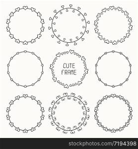Hand drawn frame of pattern with hearts. Trendy doodle style. Vector set of valentine day vintage design elements. Beautiful simple illustration.