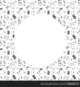 Hand-Drawn frame on Christmas seamless pattern of vector doodles set. Round free space. Hand-Drawn frame on Christmas seamless pattern of vector doodles set