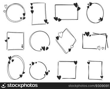 Hand drawn frame set. Simple empty shape with hearts for invitation, postcard, banner and advertisement. Ink doodle sketch style vector illustration. Collection circle, oval, rectangle, rhombus, square. Hand drawn frame set