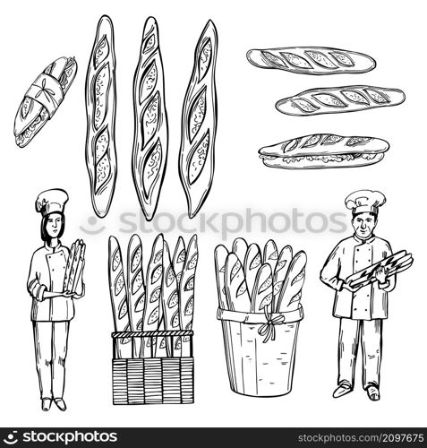 Hand-drawn french baguette bread set. Baguette in a basket, bakers with bread. Vector sketch illustration. . French baguette bread set.