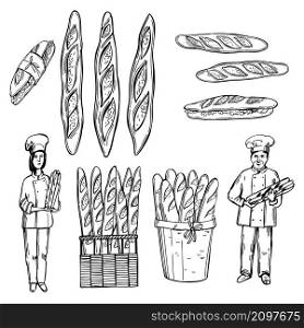 Hand-drawn french baguette bread set. Baguette in a basket, bakers with bread. Vector sketch illustration. . French baguette bread set.